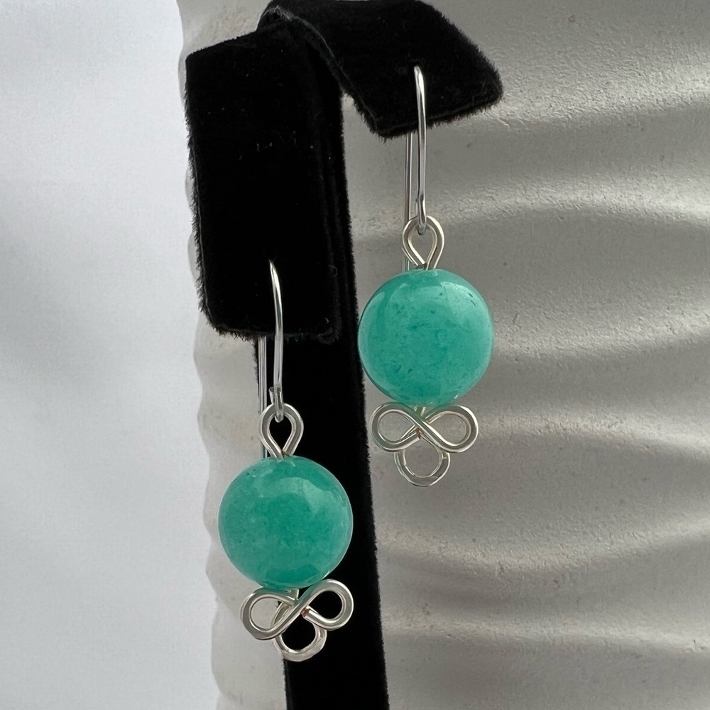 Jade Beaded Wire Wrapped Earrings Blue-Green Hypoallergenic